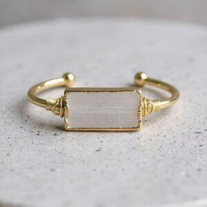 Selenite Wire-Wrap Cuff ✦ 14Kt Gold Over Copper ✦ Adjustable Crystal Bracelet